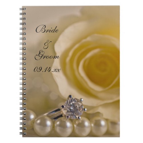 White Rose Engagement Ring and Pearls Wedding Notebook