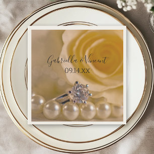 White Rose, Engagement Ring and Pearls Wedding Paper Napkins