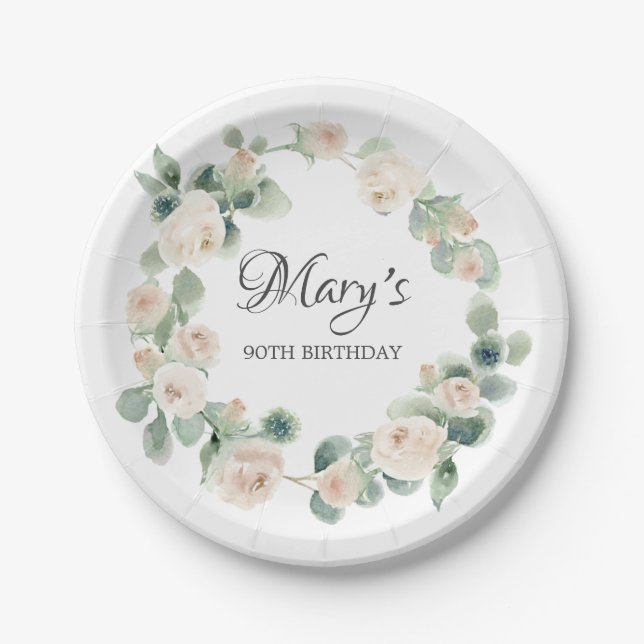 White Rose Eucalyptus 90th Birthday Paper Plate (Front)