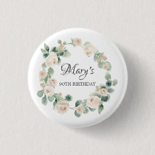 White Rose Eucalyptus Botanical 90TH Birthday Button