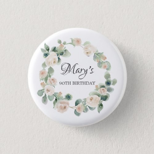 White Rose Eucalyptus Botanical 90TH Birthday Button