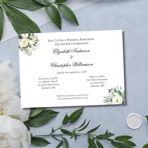 White Rose Eucalyptus Botanical Wedding Rehearsal Invitation