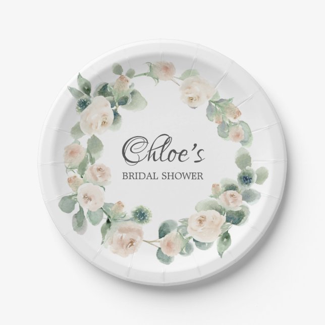 White Rose Eucalyptus Bridal Shower Paper Plates (Front)