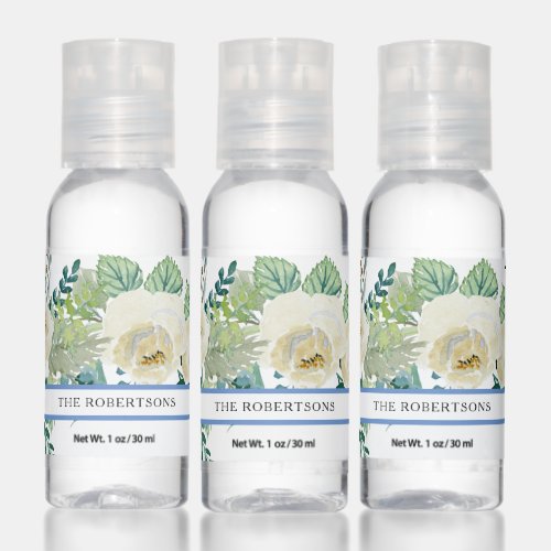 White Rose Eucalyptus Foliage Watercolor w Name Hand Sanitizer