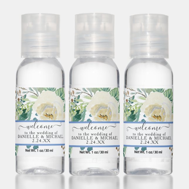 White Rose Eucalyptus Foliage Wedding Welcome Name Hand Sanitizer (Set)