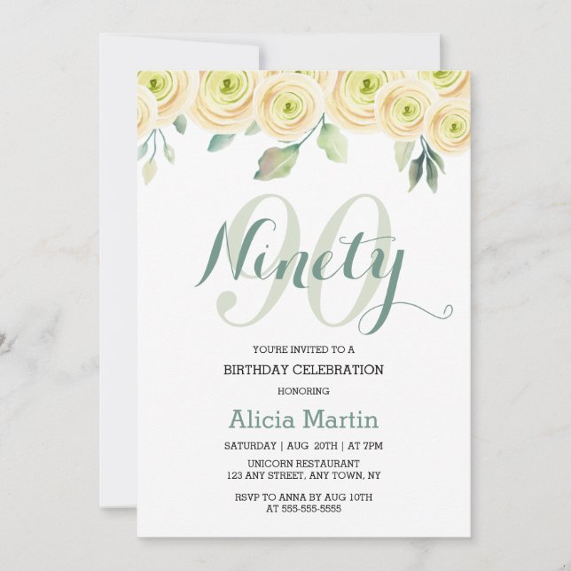 White Rose Eucalyptus Pretty Flora 90th Birthday Invitation (Front)