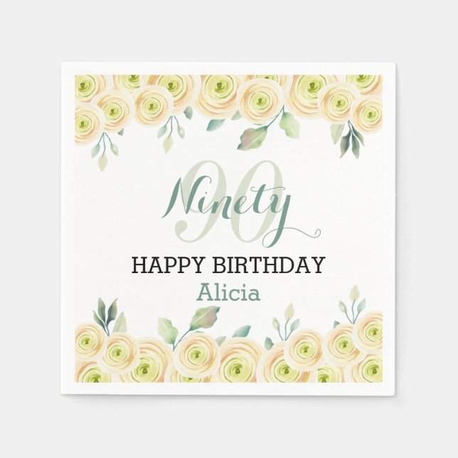 White Rose Eucalyptus Pretty Flora 90th Birthday Napkins (Front)