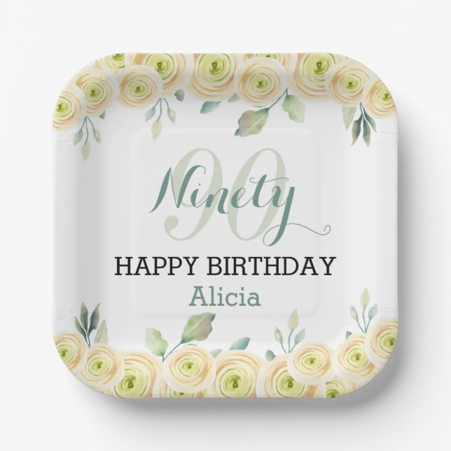 White Rose Eucalyptus Pretty Flora 90th Birthday Paper Plates (Front)