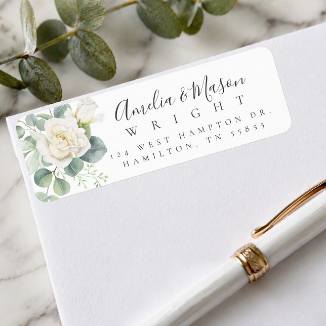 White Rose Eucalyptus Wedding Return Address Label (White Rose Eucalyptus Wedding Return Address Label)