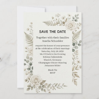 White Rose Fern Greenery Save the Date Invitation