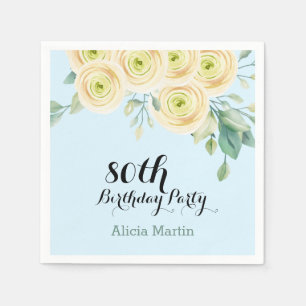 White Rose Flora Eucalyptus Blue 80th Birthday Napkins
