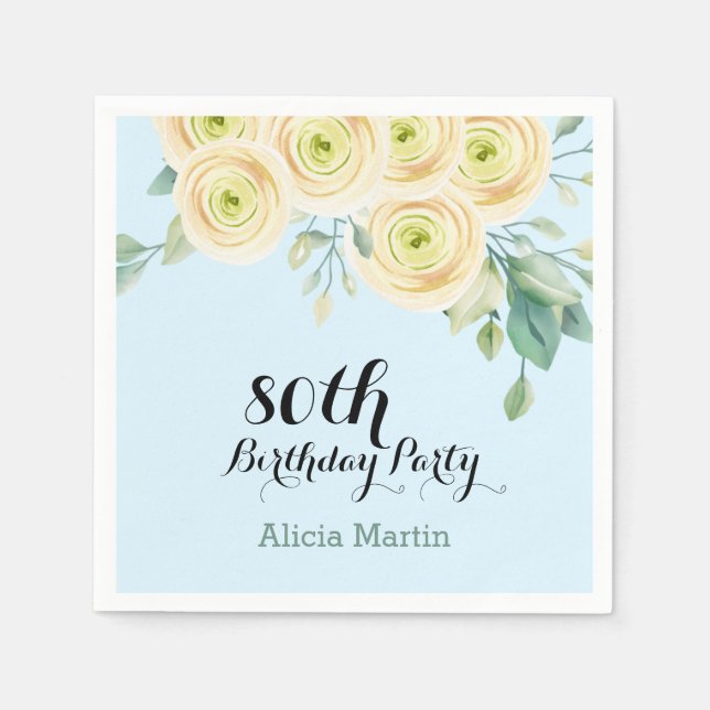 White Rose Flora Eucalyptus Blue 80th Birthday Napkins (Front)