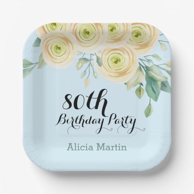 White Rose Flora Eucalyptus Blue 80th Birthday Paper Plates (Front)
