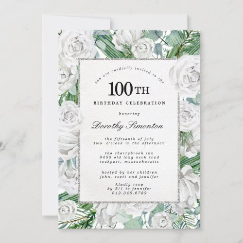 White Rose Floral 100th Birthday Party Invitation