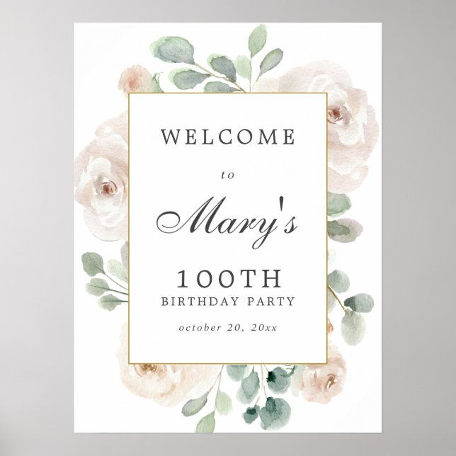 White Rose Floral 100th Birthday Welcome Sign (Front)