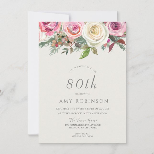 White Rose Floral 80th Birthday Party Invite (Front)