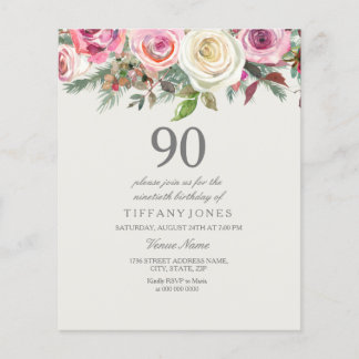 White Rose Floral 90th Birthday Budget Invitation