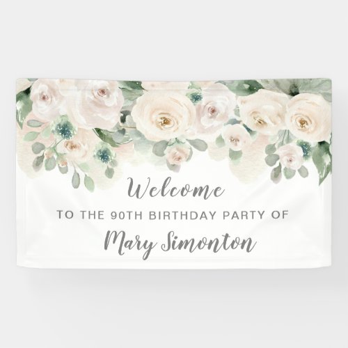 White Rose Floral 90TH Birthday Party Banner