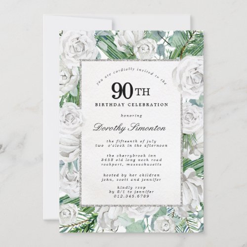 White Rose Floral 90th Birthday Party Invitation