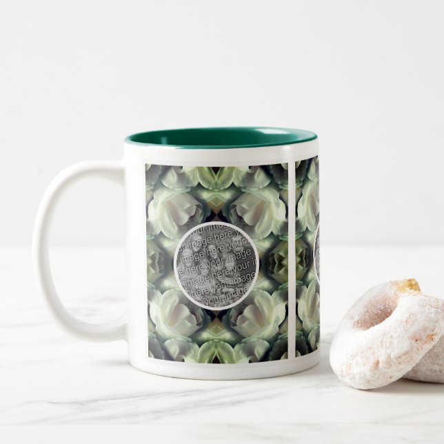 White Rose Floral Abstract Add Your Own Photo Two-Tone Coffee Mug (With Donut)