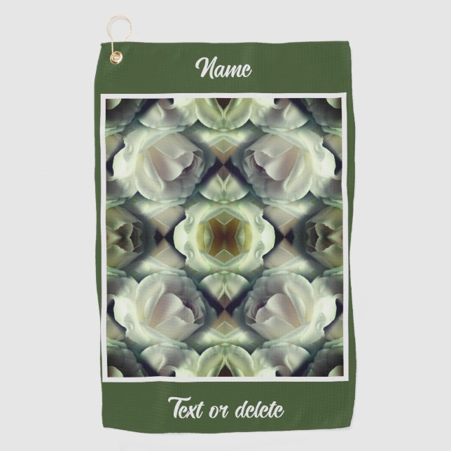 White Rose Floral Abstract Art Personalized Golf Towel (Front)