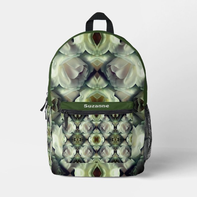 White Rose Floral Abstract Art Personalized Printed Backpack (Front)