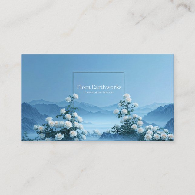 White Rose Floral and Misty Blue Mountain Frame Business Card (Front)