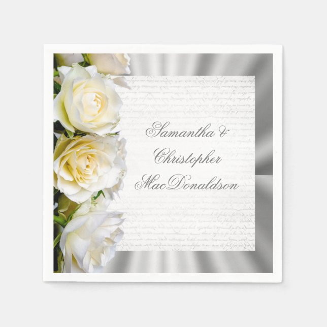 White rose floral and silver wedding napkins (Front)