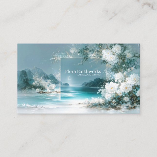 White Rose Floral and Turquoise Coastal Moon Frame Business Card (Front)