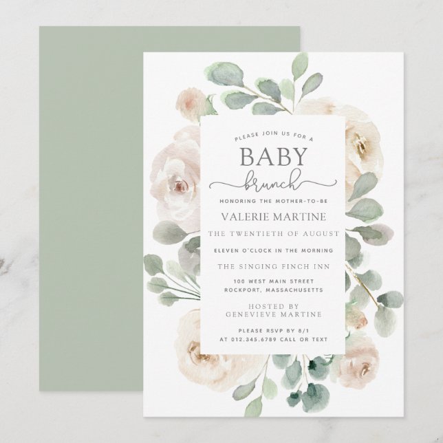White Rose Floral Baby Brunch Invitation (Front/Back)