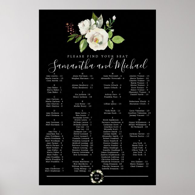 White Rose Floral Black Alphabetical Seating Chart (Front)
