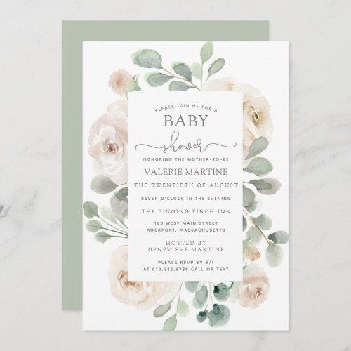 White Rose Floral Botanical Baby Shower Invitation