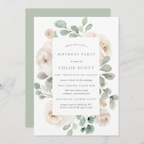 White Rose Floral Botanical Birthday Invitation