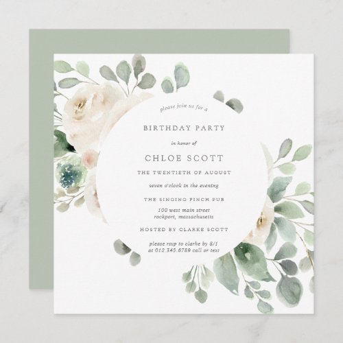 White Rose Floral Botanical Birthday Invitation