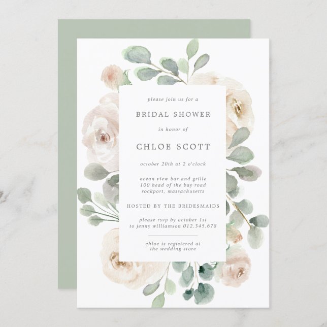 White Rose Floral Botanical Bridal Shower Invitation (Front/Back)
