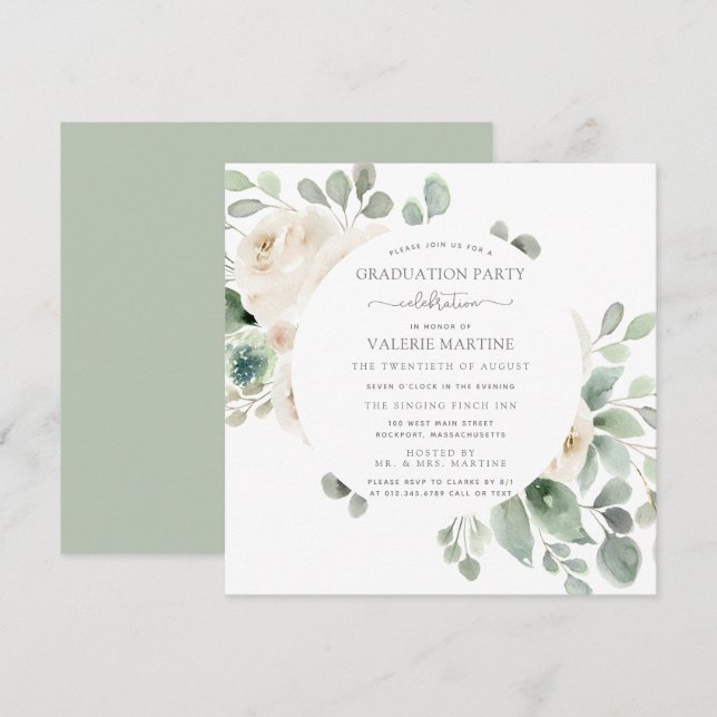 White Rose Floral Botanical Graduation Party  Invitation (Front/Back)