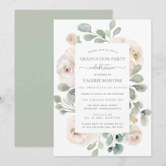 White Rose Floral Botanical Graduation Party Invitation (Front/Back)