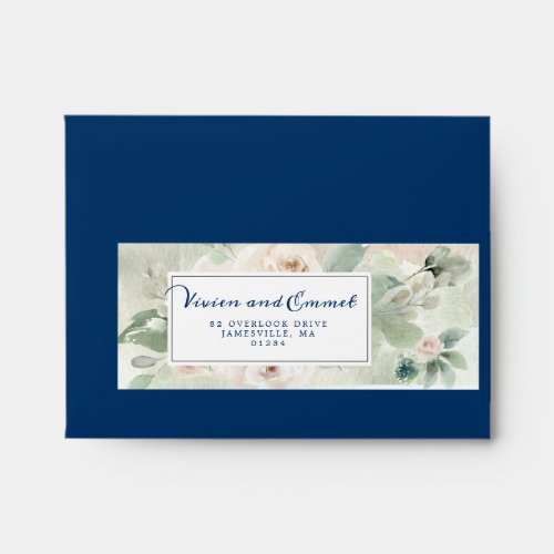 White Rose Floral Botanical Navy Blue RSVP Card Envelope