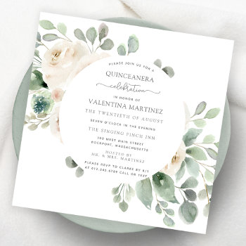 White Rose Floral Botanical Quinceanera Invitation by Celebrais at Zazzle