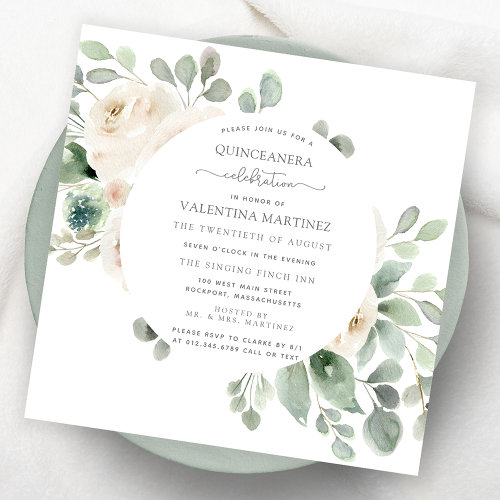 White Rose Floral Botanical Quinceanera Invitation