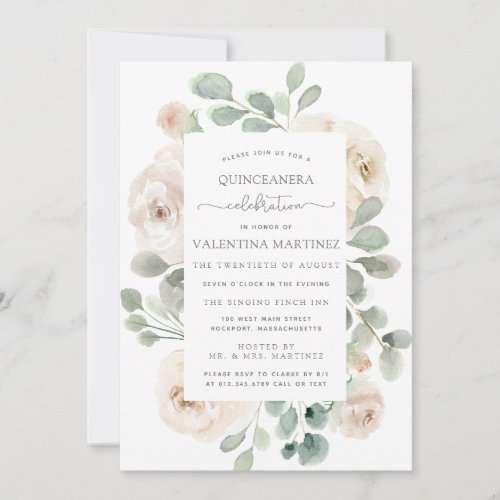 White Rose Floral Botanical Quinceanera Invitation