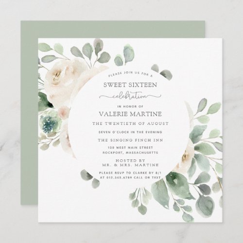 White Rose Floral Botanical Sweet Sixteen Party In Invitation