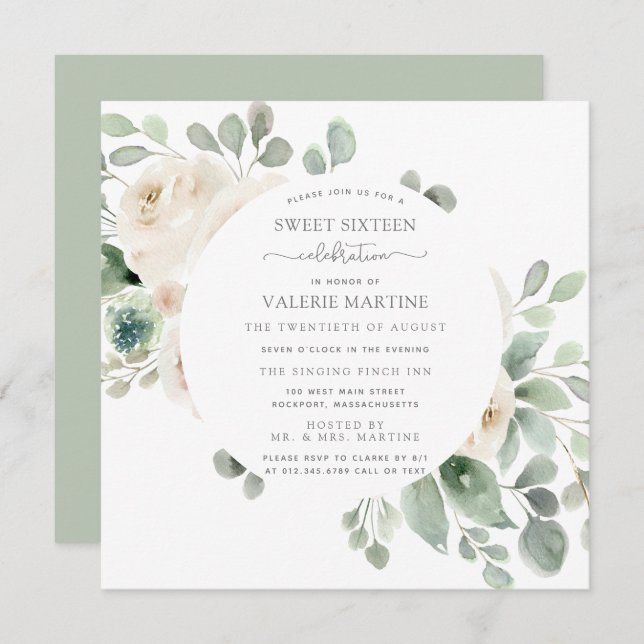 White Rose Floral Botanical Sweet Sixteen Party In Invitation (Front/Back)