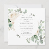 White Rose Floral Botanical Sweet Sixteen Party In Invitation (Front)