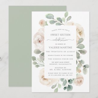 White Rose Floral Botanical Sweet Sixteen Party Invitation