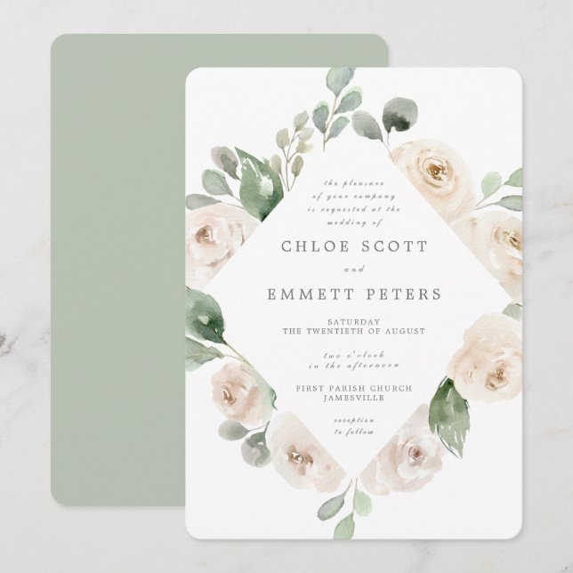 White Rose Floral Botanical Wedding Invitation (Front/Back)