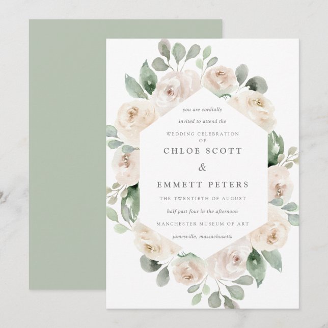 White Rose Floral Botanical Wedding Invitation (Front/Back)