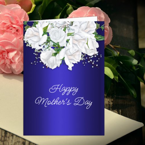 White Rose Floral Bouquet Dark Blue Mothers Day Card