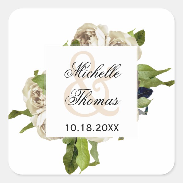 White Rose Floral Bouquet Wedding Square Sticker (Front)