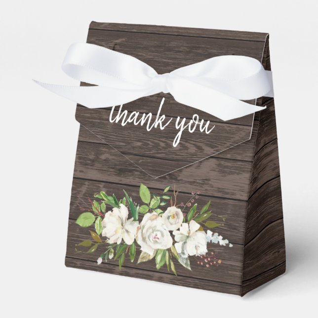White Rose Floral Dark Brown Wood Rustic Wedding Favor Boxes (Front Side)